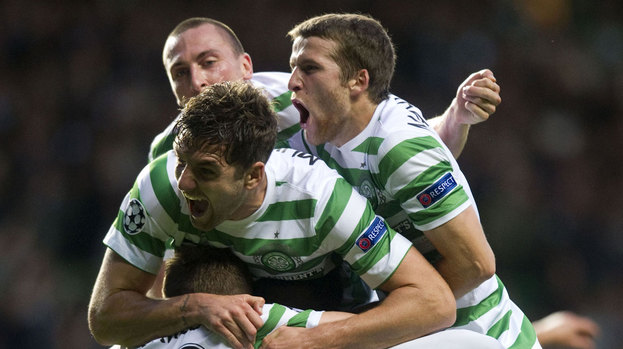Celtic players celebrate their win over Helsingborg.