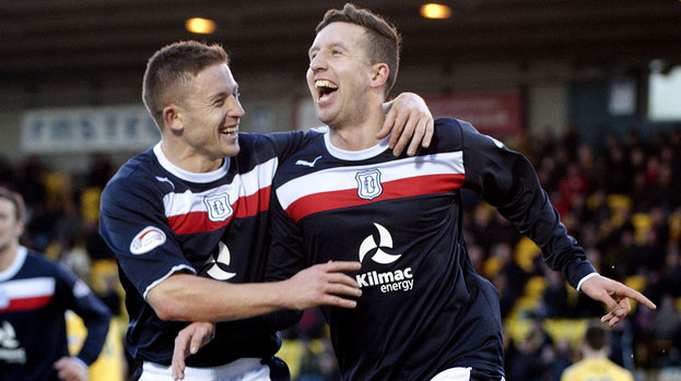 Dundee's Ryan Conroy (right) celebrates his goal with team-mate John Baird