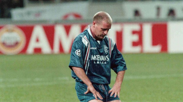 16/10/96 CHAMPIONS LEAGUE AJAX V RANGERS (4-1) AMSTERDAM - NETHERLANDS Paul Gascoigne struggles to lift himself as Rangers go a goal behind. The midfielder was later to be red carded after a clash with Winston Bogarde.
