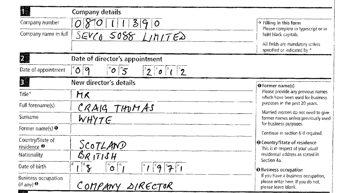 Sevco 5088 director appointment of Craig Whyte on May 9, 2012