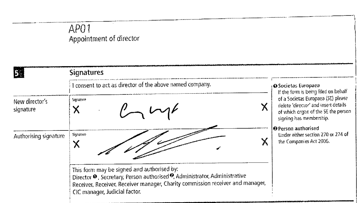 Craig Whyte's signature accompanied by that of Charles Green on the Sevco 5088 appointment form