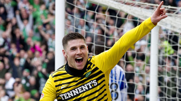 Gary Hooper celebrates his first goal against Kilmarnock on Saturday